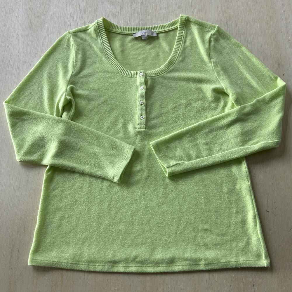 LOFT Sweater Womens Large Green Henley Scoop Neck Long Sleeve Knit Pullover